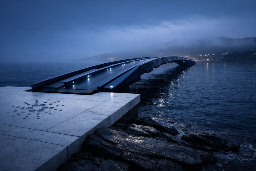Sleek illuminated bridge extending into the night from a Cardano symbol platform, representing Midnight’s privacy layer aiming to expand the network’s reach