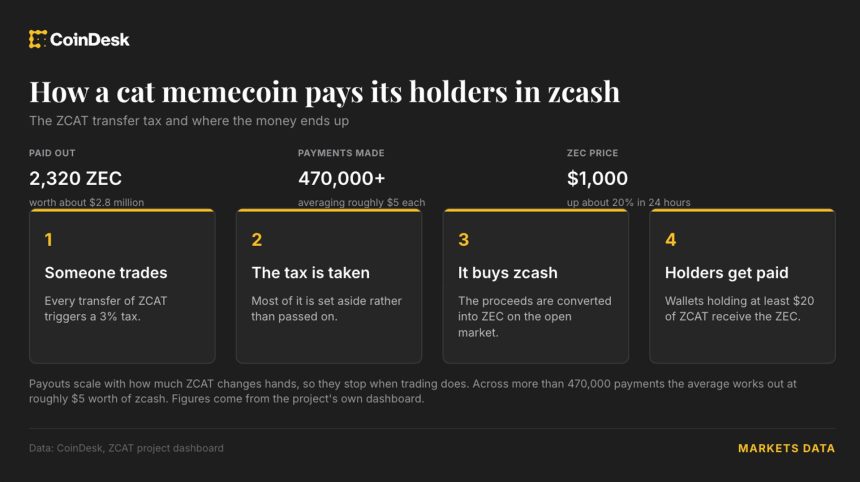 This cat memecoin has paid holders $2.8 million in Zcash as ZEC tops $1,200