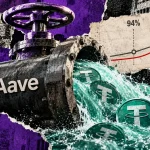 Aave-branded industrial valve releases a torrent of USDT tokens beside a chart showing the 92% and 94% borrowing thresholds.