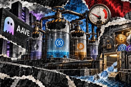 Editorial collage of Aave’s capped lending pools, reduced rate gauge, collateral vault and limited withdrawal liquidity.