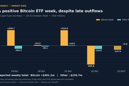 Daily reported US Bitcoin and Ether ETF net flows from October 19 to 23, 2026, with Friday figures marked preliminary.